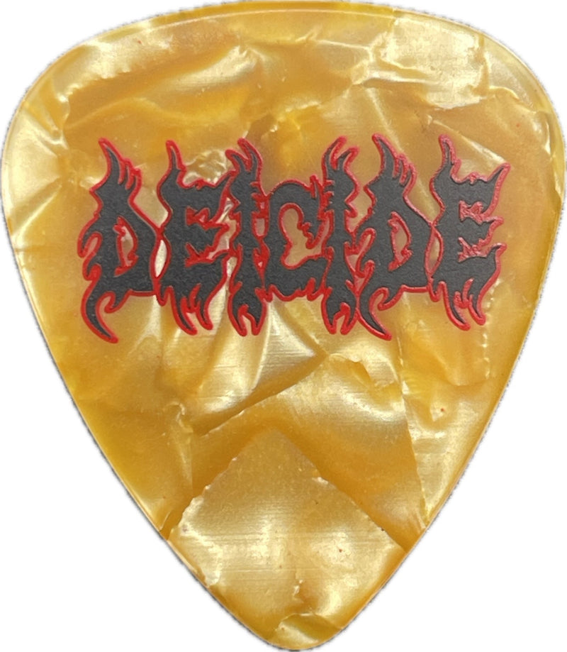 Front of an orange pearloid Deicide guitar pick with black and red Deicide logo Front of an orange pearloid Deicide guitar pick with black and red Deicide logo