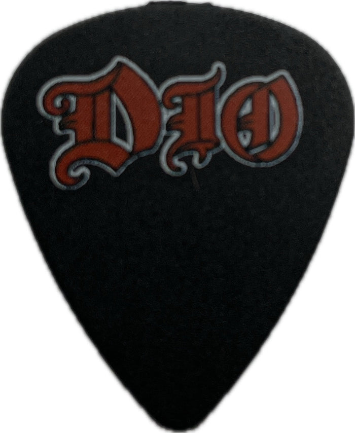 Front of officially licensed DIO guitar pick, black with red DIO logo Front of officially licensed DIO guitar pick, black with red DIO logo