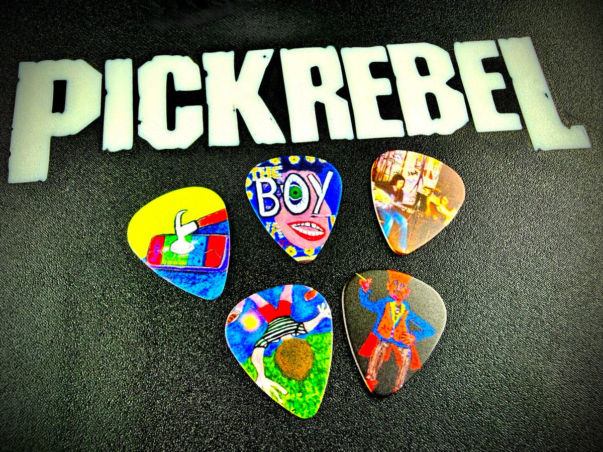 Five Elvis Costello guitar picks featuring artwork - PICKREBEL original photography Five Elvis Costello guitar picks featuring artwork - PICKREBEL original photography