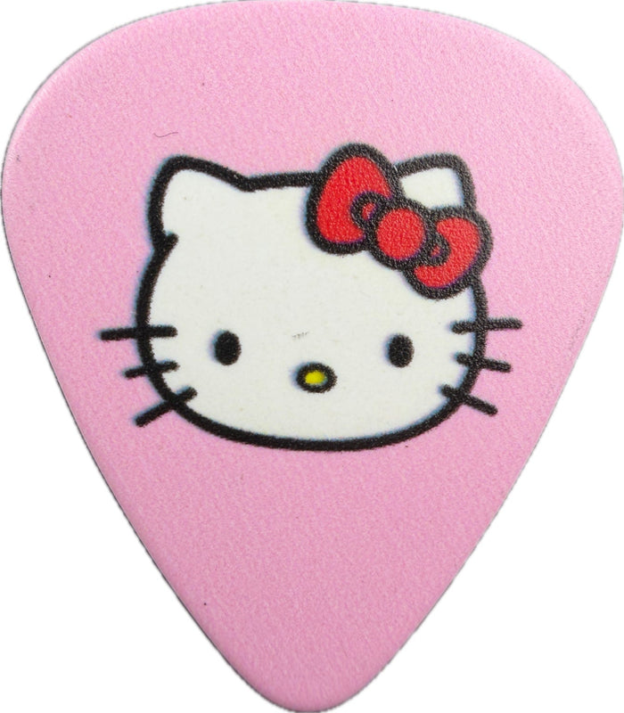 pink Fender Hello Kitty guitar pick front with Hello Kitty face and red bow pink Fender Hello Kitty guitar pick front with Hello Kitty face and red bow