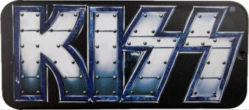 Top of the black KISS THE TOUR 2012 V.I.P. guitar pick tin with a metallic blue and silver riveted KISS logo Top of the black KISS THE TOUR 2012 V.I.P. guitar pick tin with a metallic blue and silver riveted KISS logo