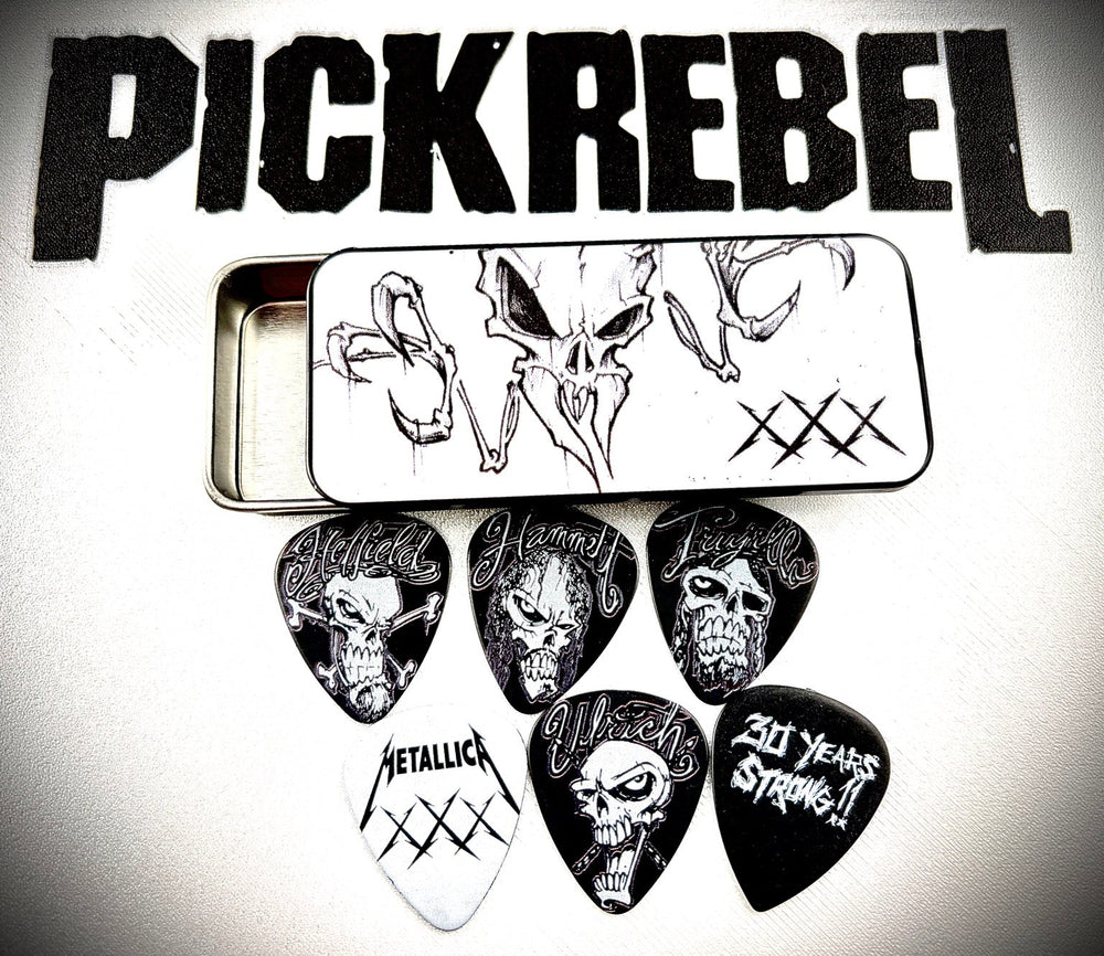 Metallica 30th Anniversary Dunlop tin and six picks photographed by PICKREBEL Metallica 30th Anniversary Dunlop tin and six picks photographed by PICKREBEL