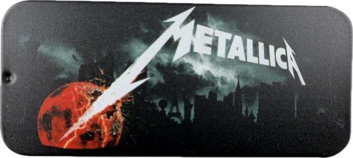 Metallica Life Burns Faster Sphere Las Vegas Dunlop guitar pick tin front Metallica Life Burns Faster Sphere Las Vegas Dunlop guitar pick tin front