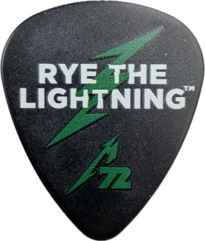 Metallica M72 Rye the Lightning guitar pick front, green lightning design Metallica M72 Rye the Lightning guitar pick front, green lightning design