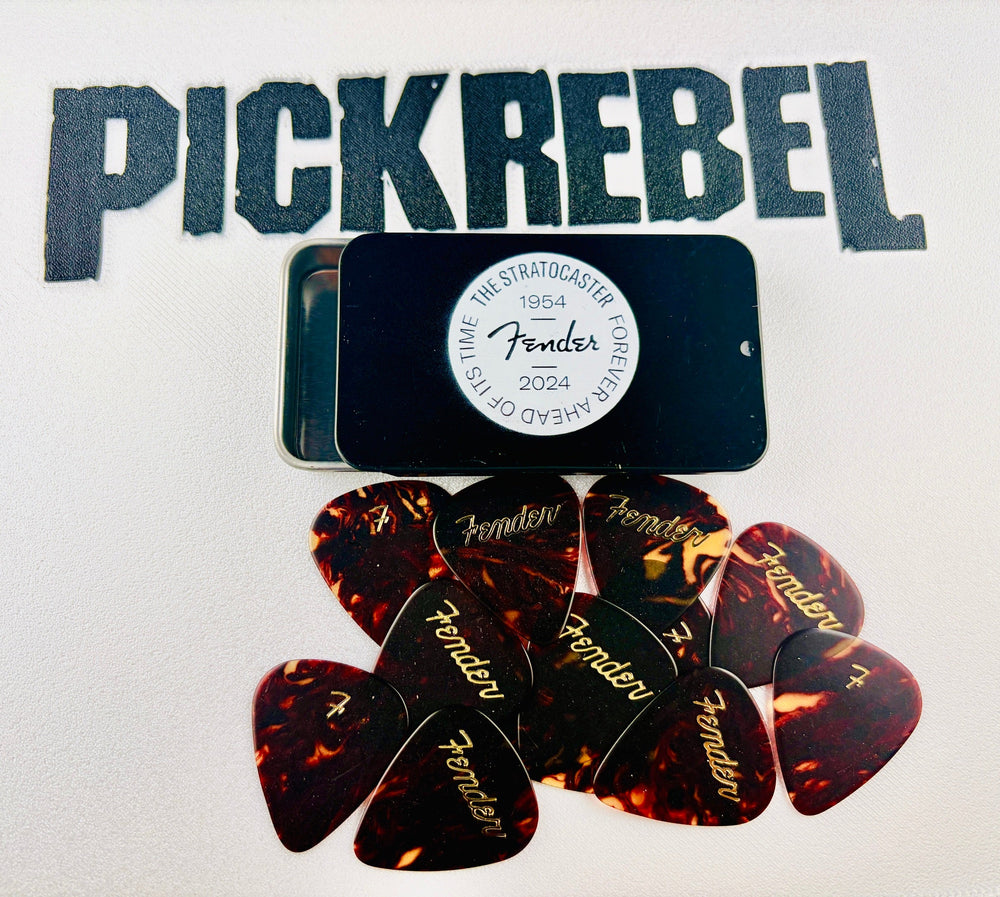 Fender 2024 Stratocaster 70th Anniversary pick tin and tortoiseshell celluloid picks Fender 2024 Stratocaster 70th Anniversary pick tin and tortoiseshell celluloid picks