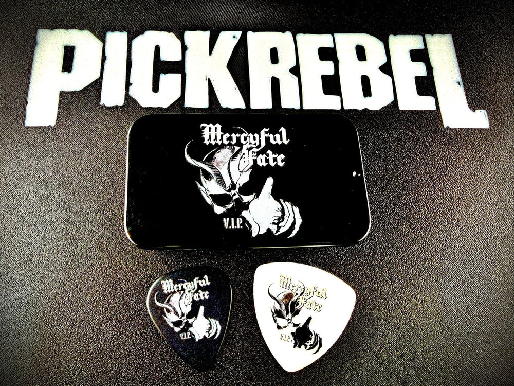 Mercyful Fate V.I.P. guitar pick tin and picks photographed by PICKREBEL Mercyful Fate V.I.P. guitar pick tin and picks photographed by PICKREBEL