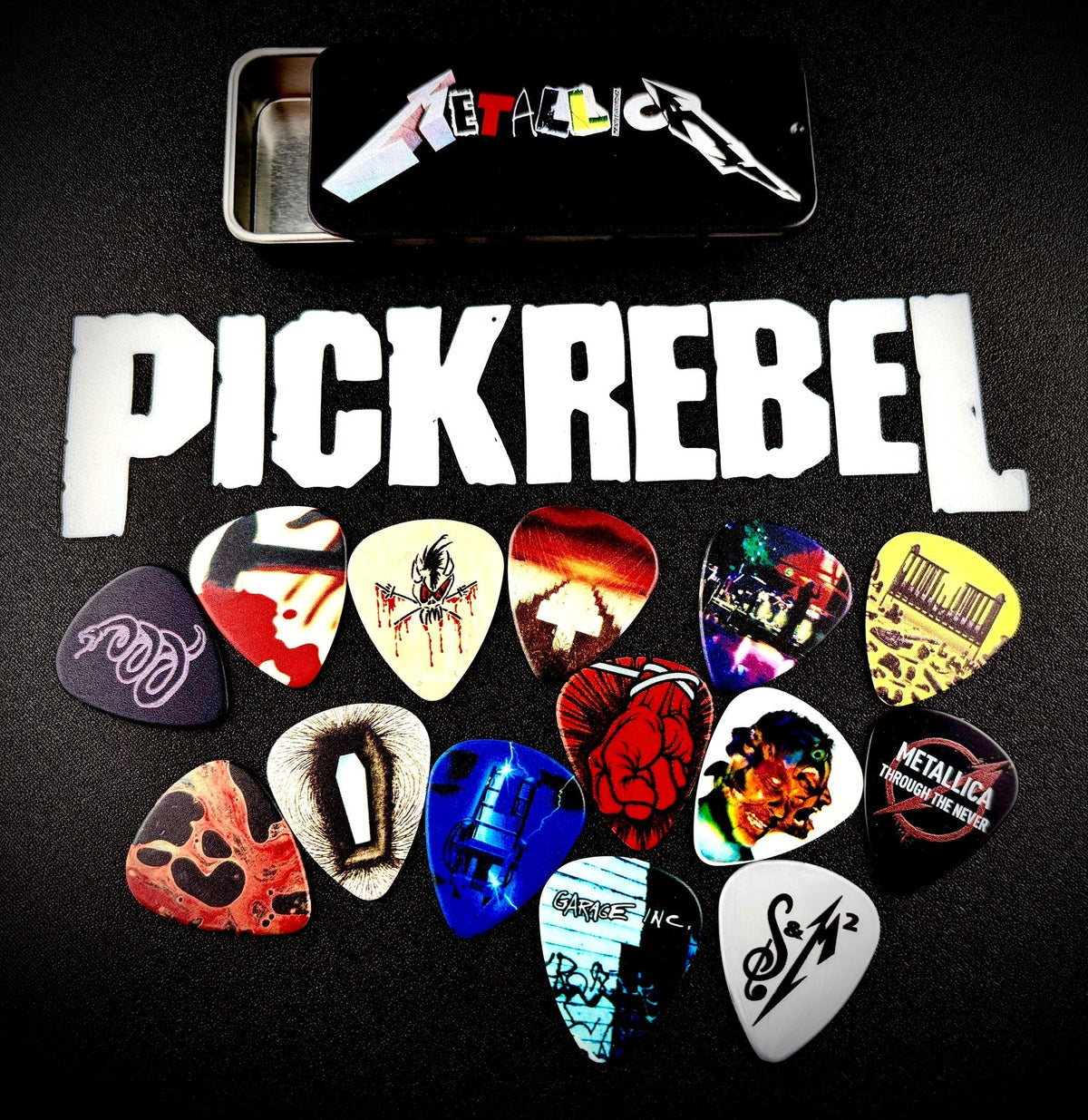 Metallica Album Cover Pick Tin and 16 album artwork guitar picks Metallica Album Cover Pick Tin and 16 album artwork guitar picks