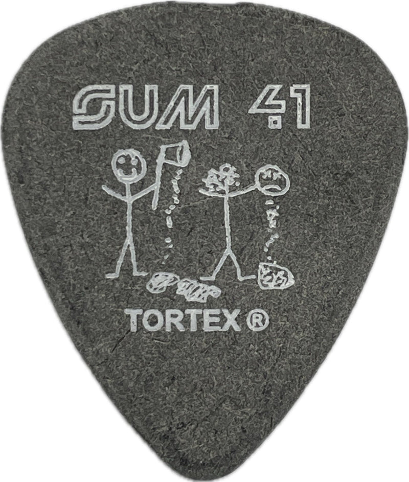 Sum 41 2003 Does This Look Infected? tour guitar pick front with SUM 41, stick-figure artwork and Tortex logo Sum 41 2003 Does This Look Infected? tour guitar pick front with SUM 41, stick-figure artwork and Tortex logo