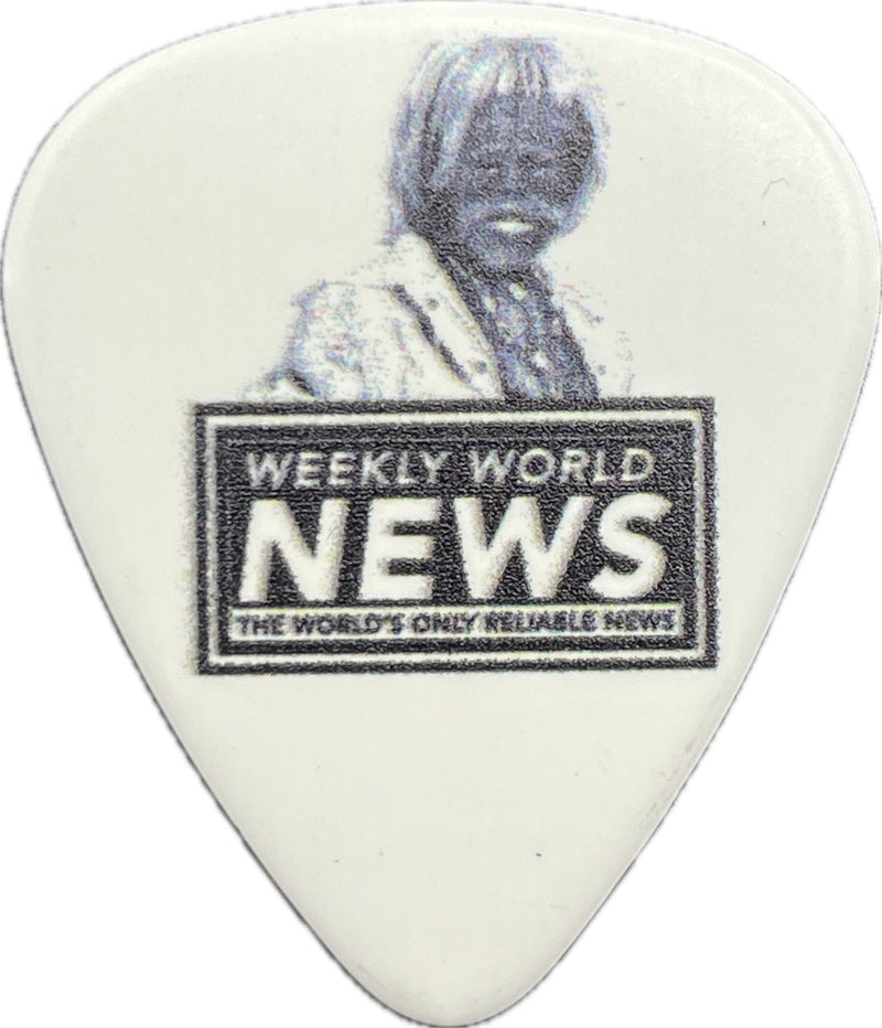 Weekly World News Bigfoot artwork on a white guitar pick Weekly World News Bigfoot artwork on a white guitar pick
