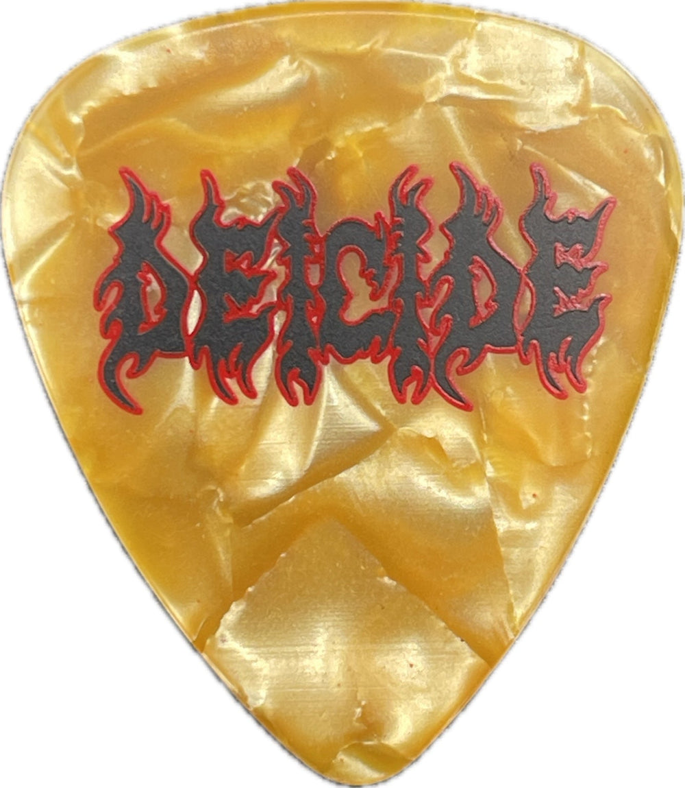 Front of an orange pearloid Deicide guitar pick with black and red Deicide logo