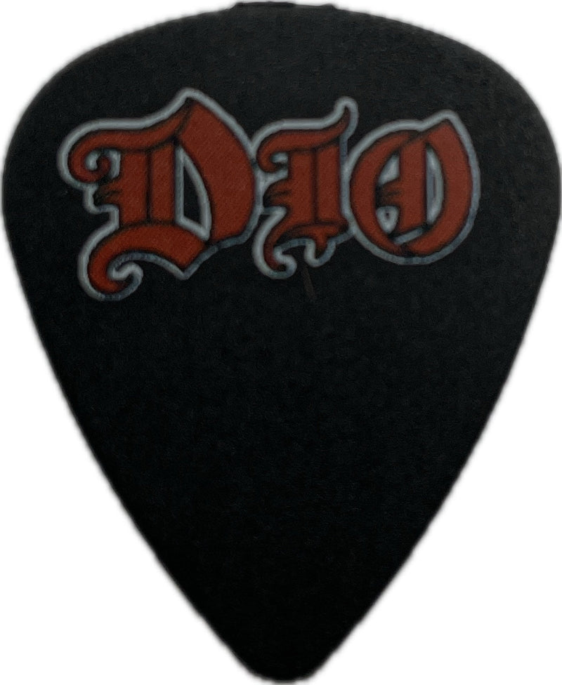 Front of officially licensed DIO guitar pick, black with red DIO logo
