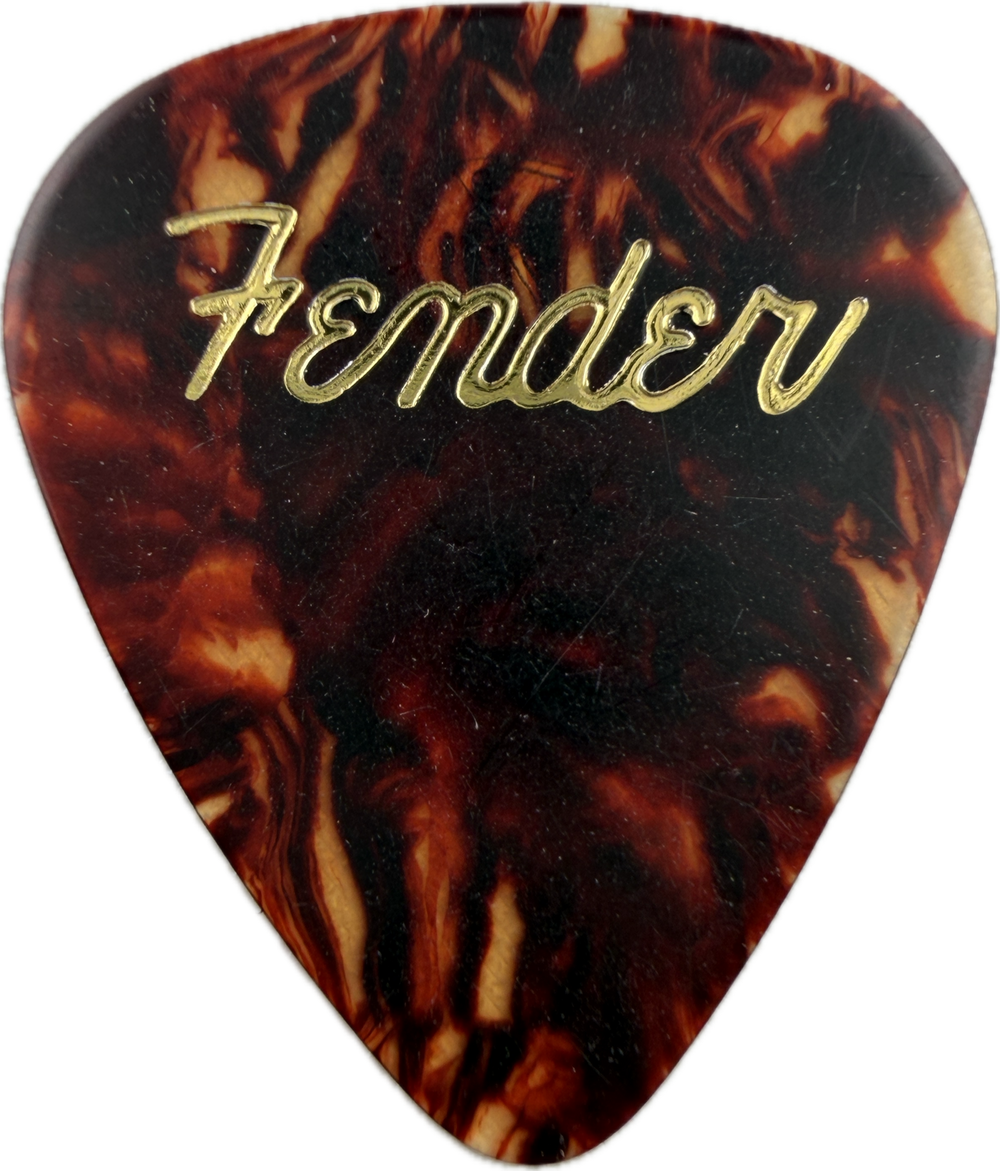 Fender 2024 Stratocaster 70th Anniversary tortoiseshell celluloid guitar pick front with gold foil Fender logo