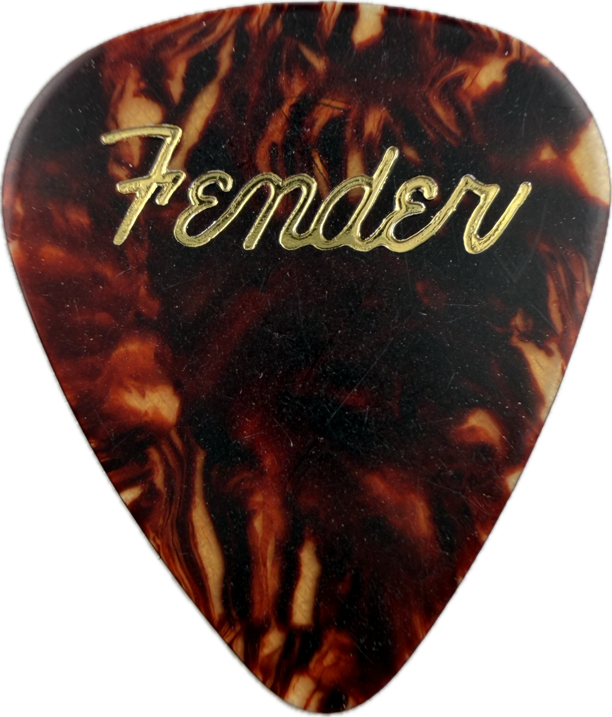 Fender 2024 Stratocaster 70th Anniversary tortoiseshell celluloid guitar pick front with gold foil Fender logo