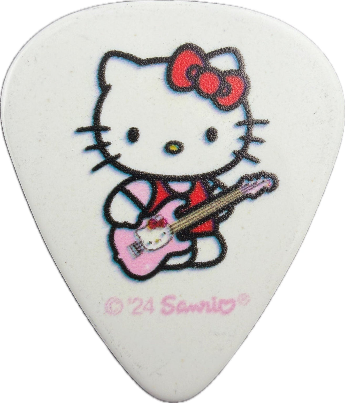 WHITE Fender Hello Kitty 2024 guitar pick with Hello Kitty playing a pink Stratocaster