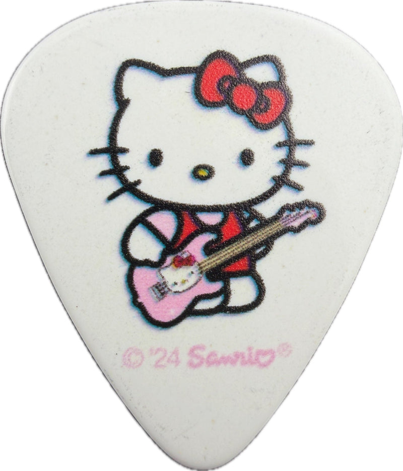 WHITE Fender Hello Kitty 2024 guitar pick with Hello Kitty playing a pink Stratocaster