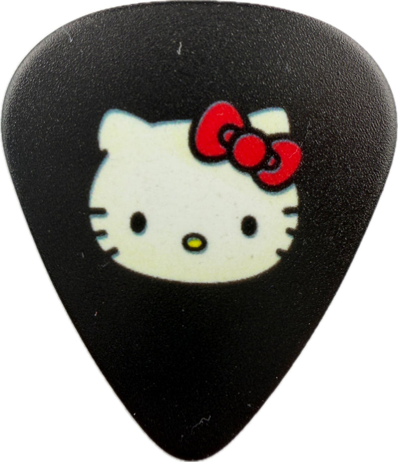 black Fender Hello Kitty guitar pick front with Hello Kitty face and red bow