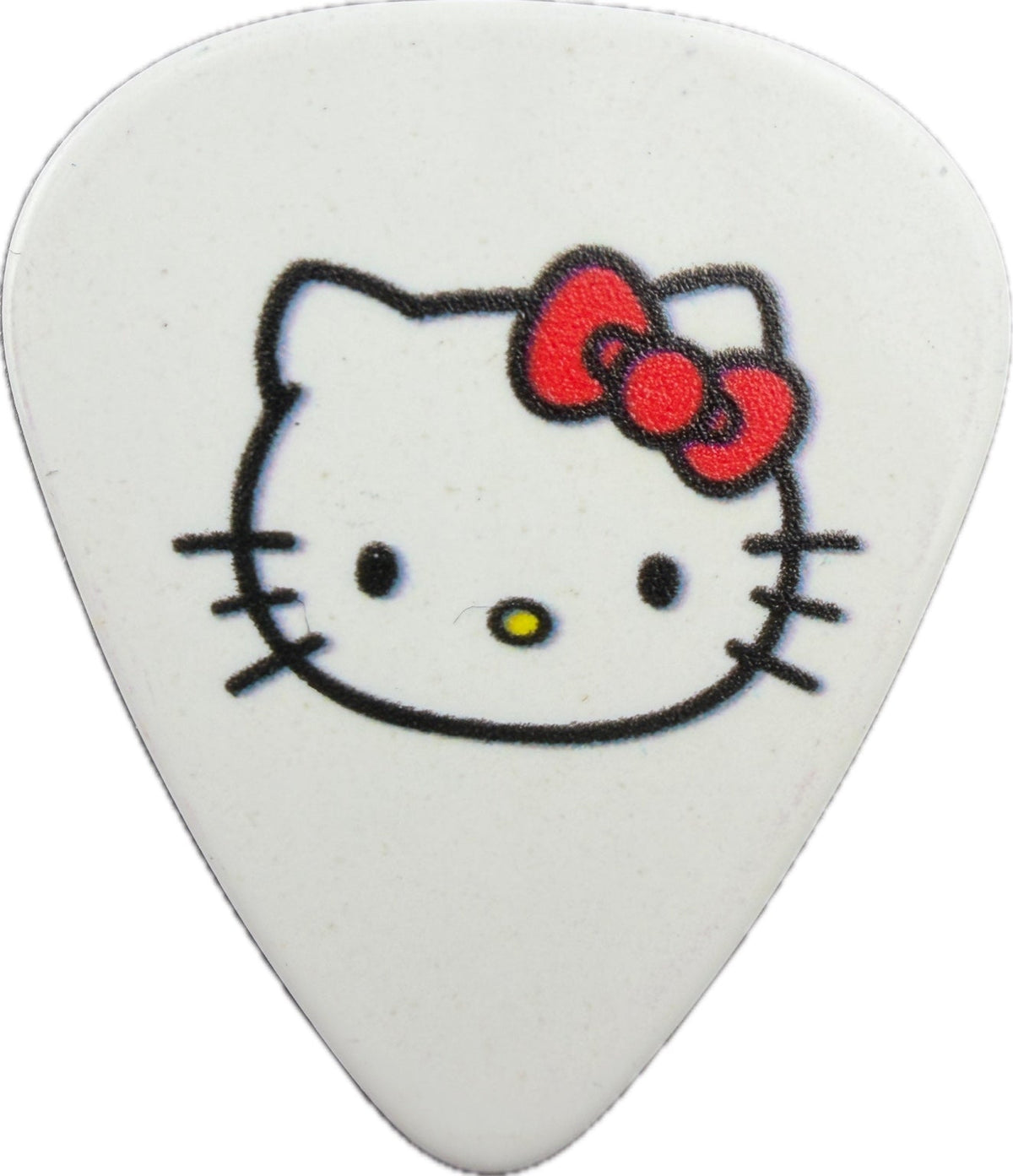 White Fender Hello Kitty guitar pick front with Hello Kitty face and red bow