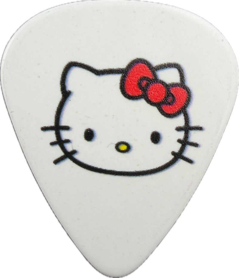 White Fender Hello Kitty guitar pick front with Hello Kitty face and red bow