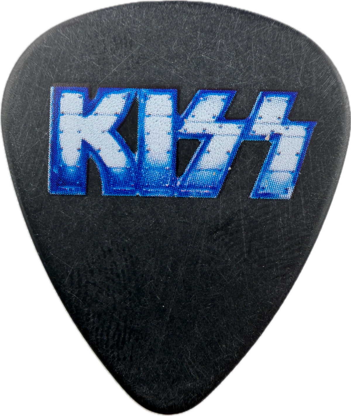 Front of the black KISS The Tour 2012 V.I.P. guitar pick with metallic blue and silver KISS logo