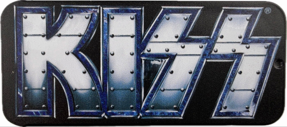Top of the black KISS THE TOUR 2012 V.I.P. guitar pick tin with a metallic blue and silver riveted KISS logo