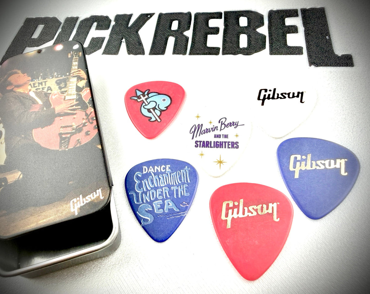 Marty McFly Back to the Future Gibson guitar pick tin and three pick designs