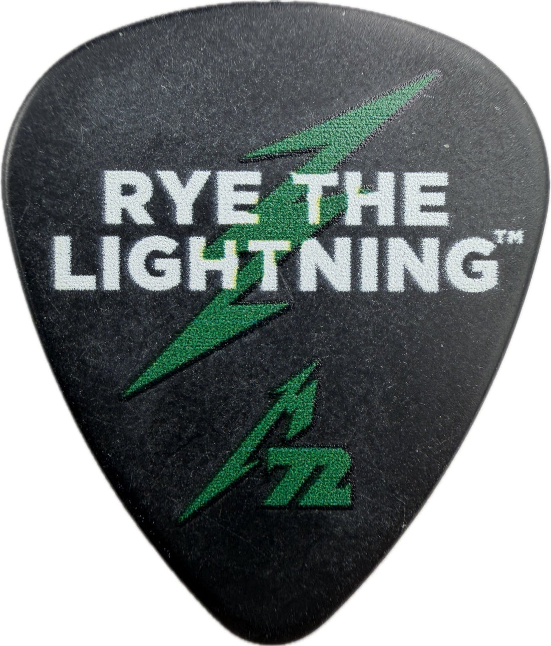 Metallica M72 Rye the Lightning guitar pick front, green lightning design