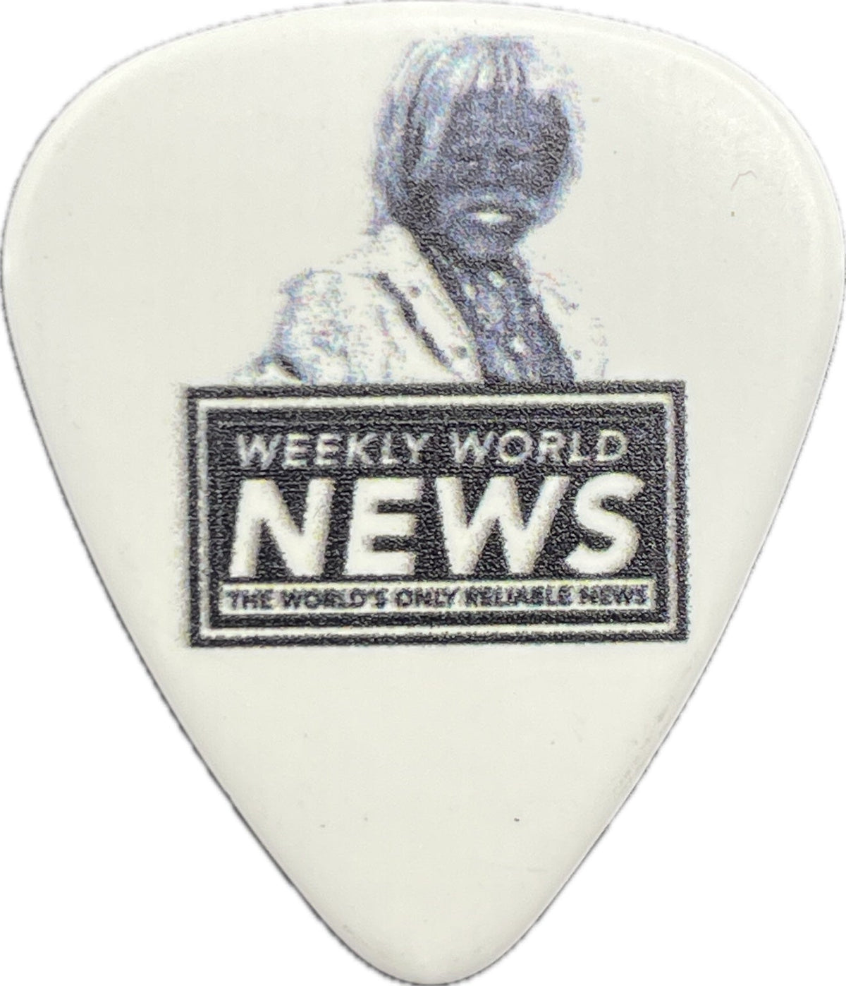 Weekly World News Bigfoot artwork on a white guitar pick