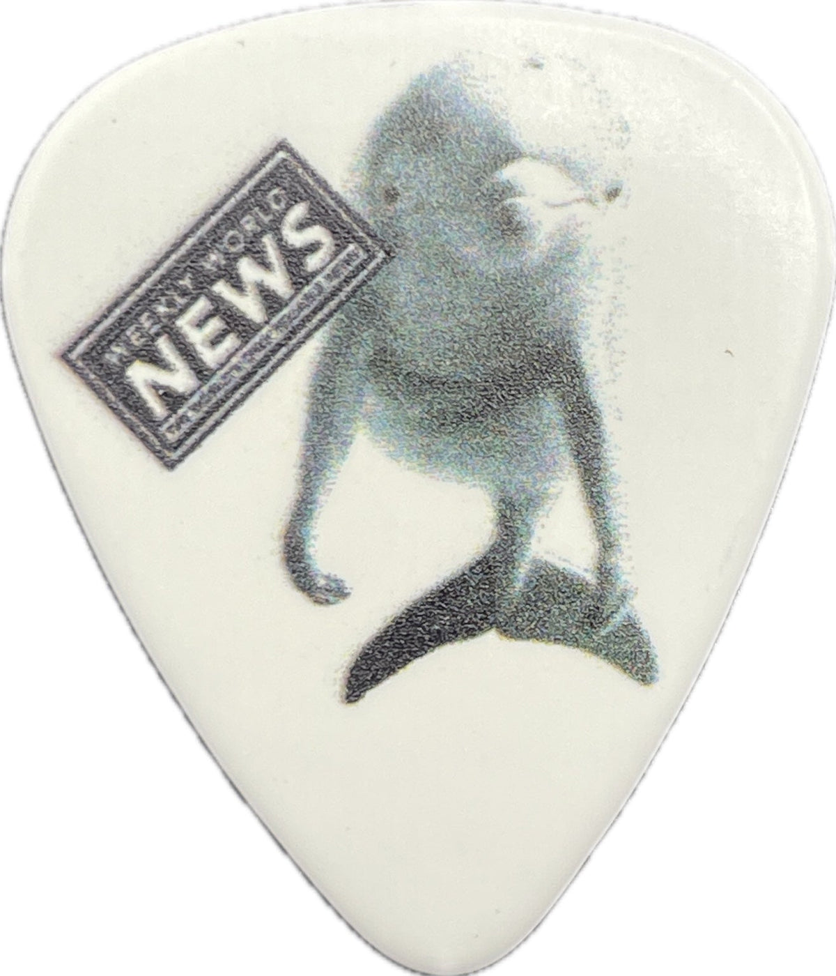 Weekly World News dolphin artwork on a white guitar pick