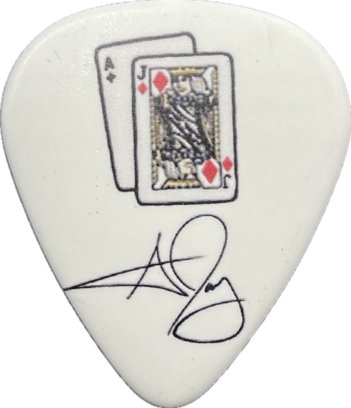 Reverse of A. Jay Popoff Lit guitar pick with playing cards and signature reverse