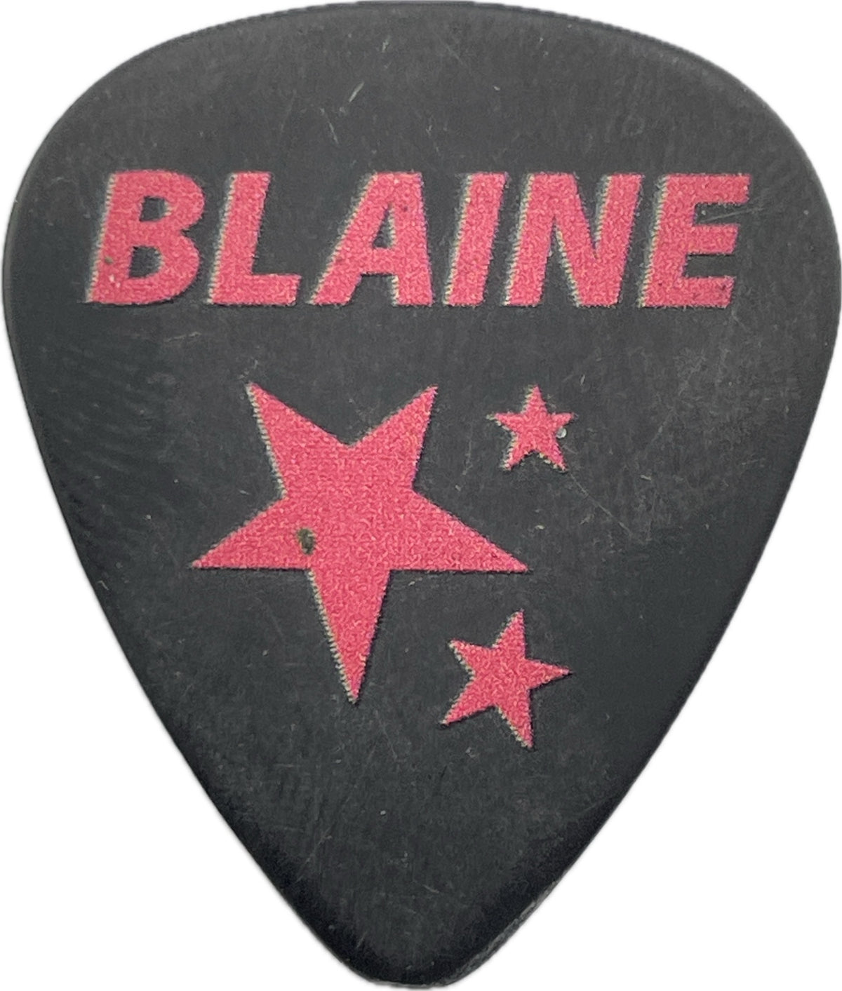 Reverse of black Blaine Cartwright Nashville Pussy guitar pick with pink BLAINE lettering and star graphics reverse