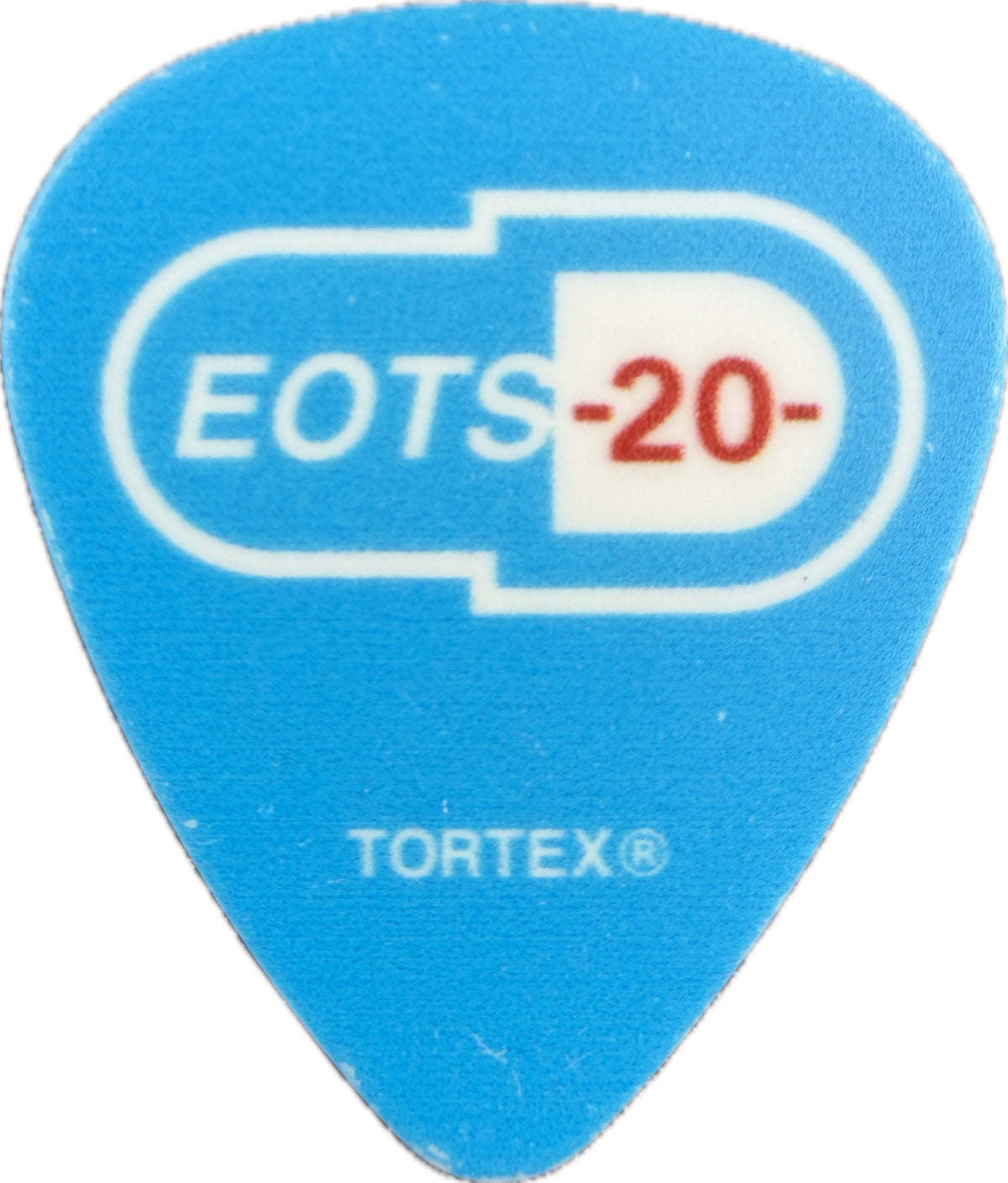 Reverse of blue Mark Hoppus pick showing EOTS-20 and Tortex reverse