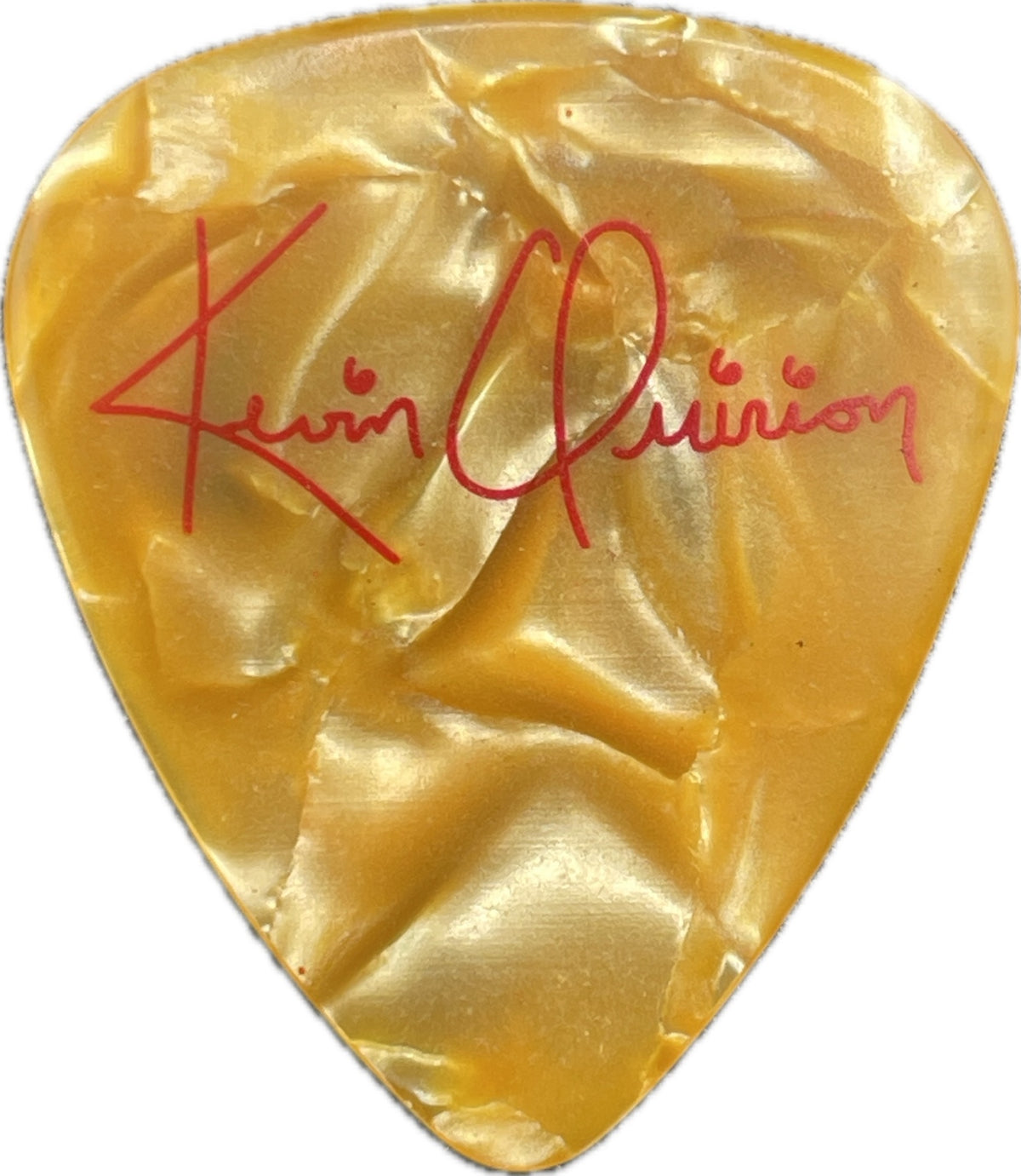 Reverse of an orange pearloid Deicide guitar pick with Kevin Quirion signature in red reverse