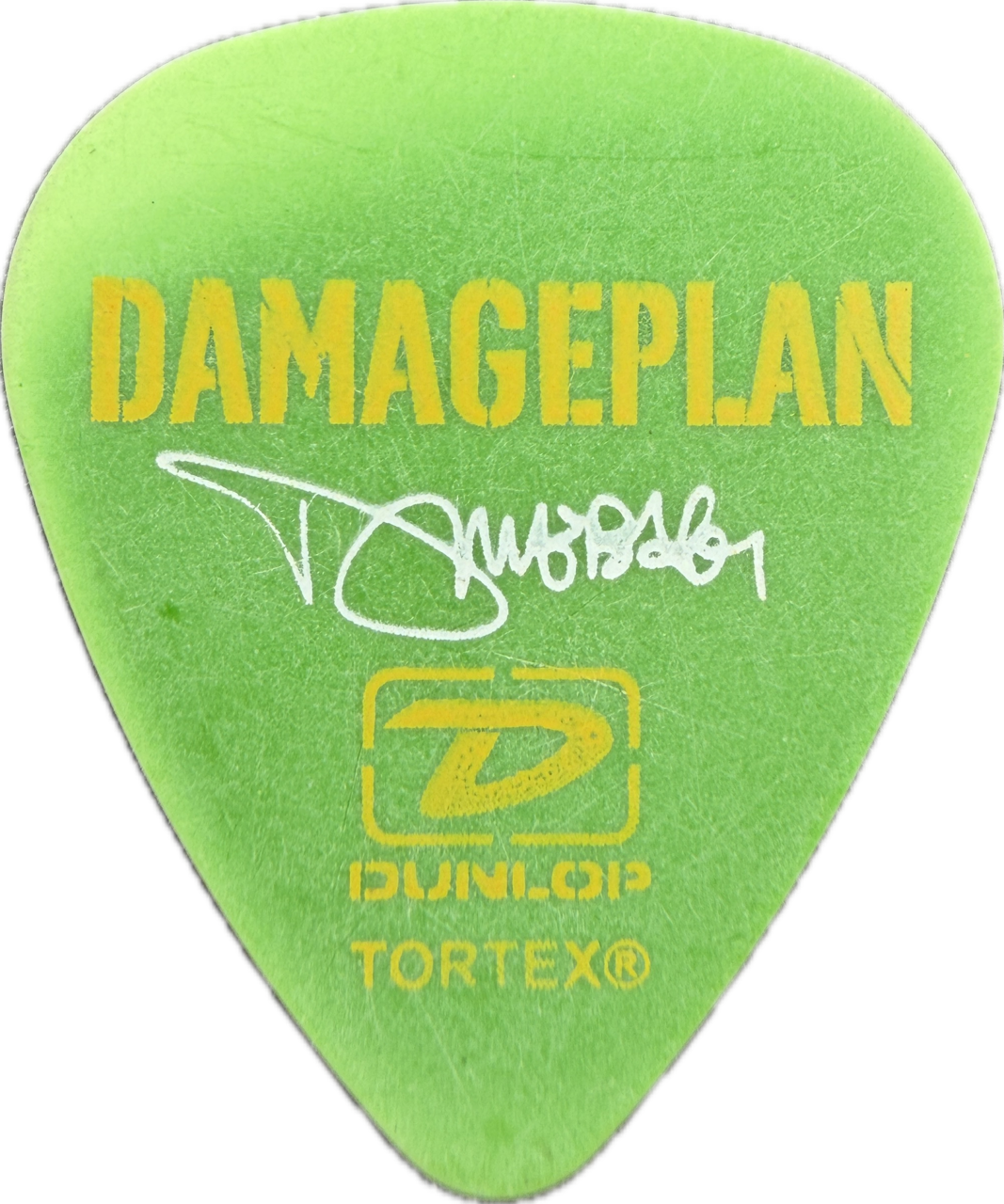 dimebag darrell damageplan 2004 new found power tour skull yellow dunlop green tortex tortex guitar pick reverse pickrebel photo reverse