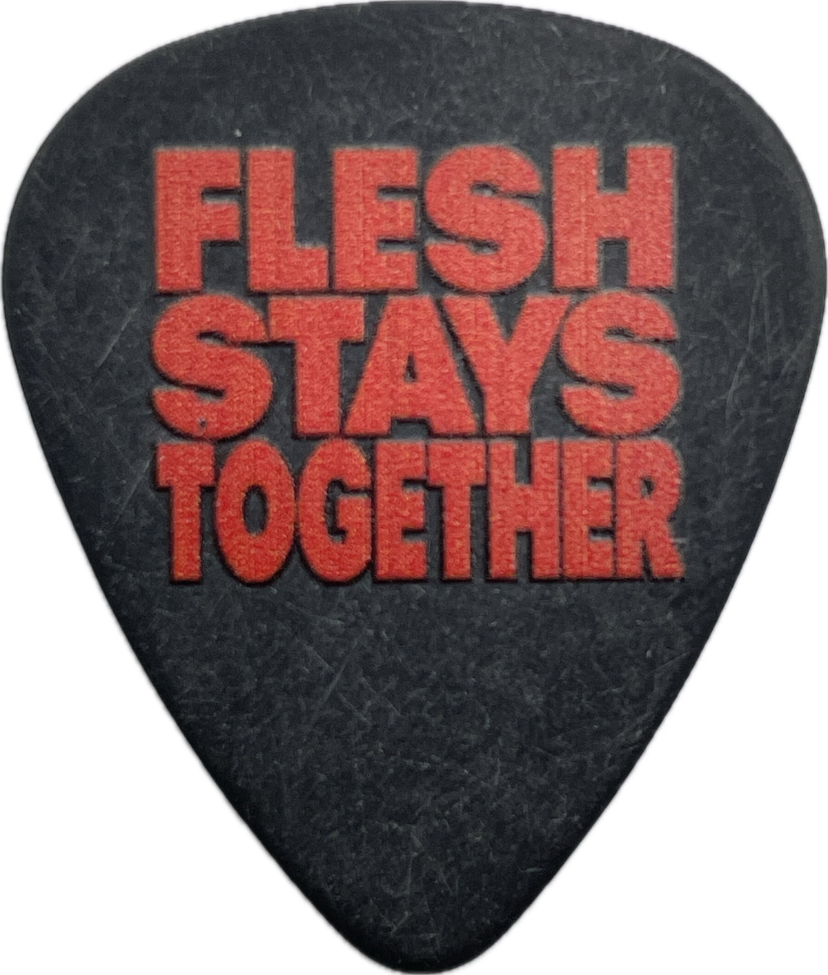 Reverse of a black Dying Wish guitar pick with red Flesh Stays Together lettering reverse