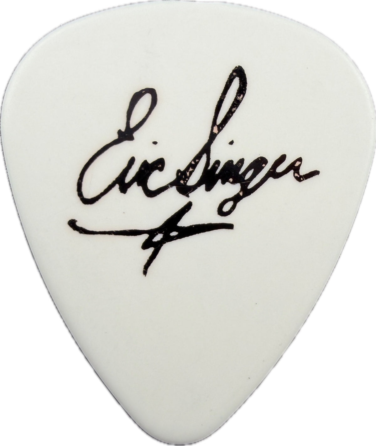 Reverse of the Eric Singer KISS The Tour 2012 V.I.P. guitar pick with printed signature on white reverse