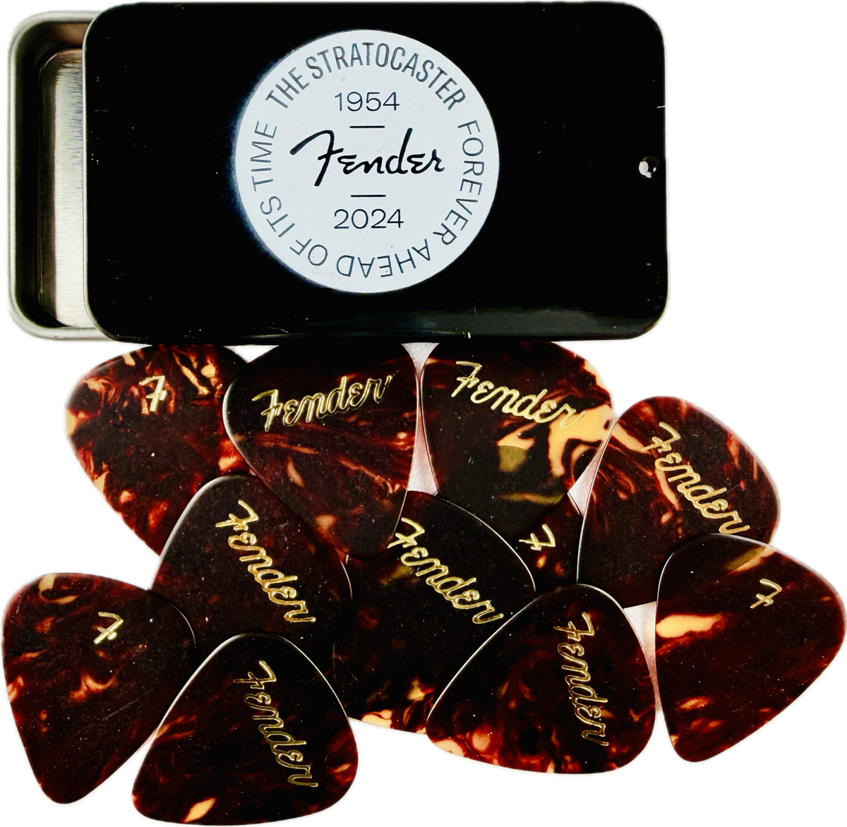 fender 2024 stratocaster 70th anniversary pick tin 12 tortoiseshell celluloid picks pickrebel photo detail 1