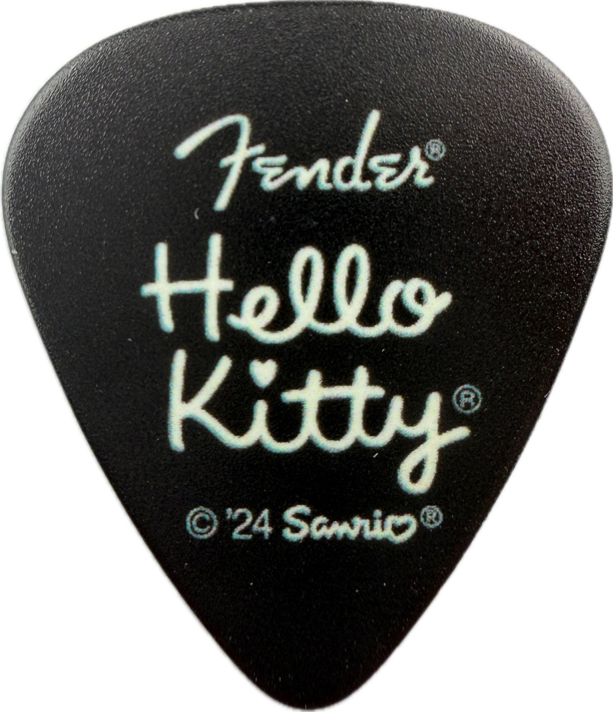Black Fender Hello Kitty guitar pick reverse with white Fender and Hello Kitty logos reverse