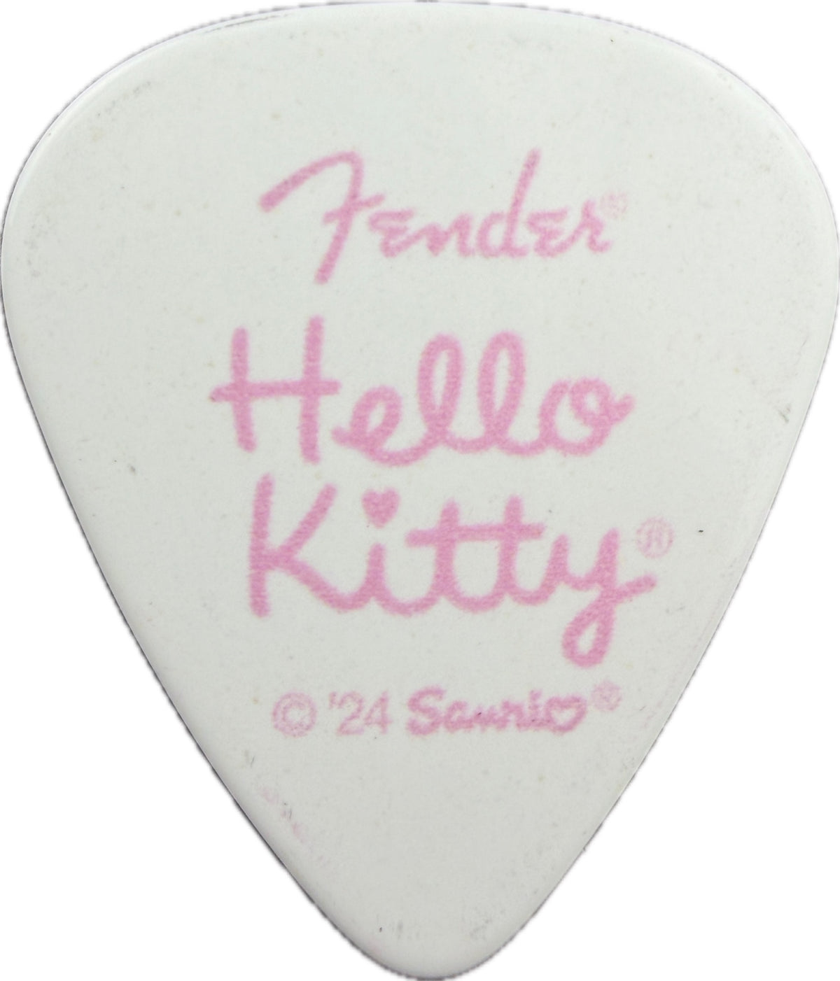 White Fender Hello Kitty guitar pick reverse with pink Fender and Hello Kitty logos reverse