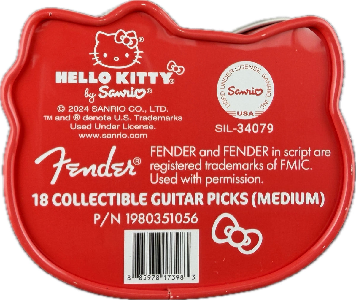 Red bottom of Fender Hello Kitty tin with Sanrio licensing, Fender logo and 18 medium picks label detail 1