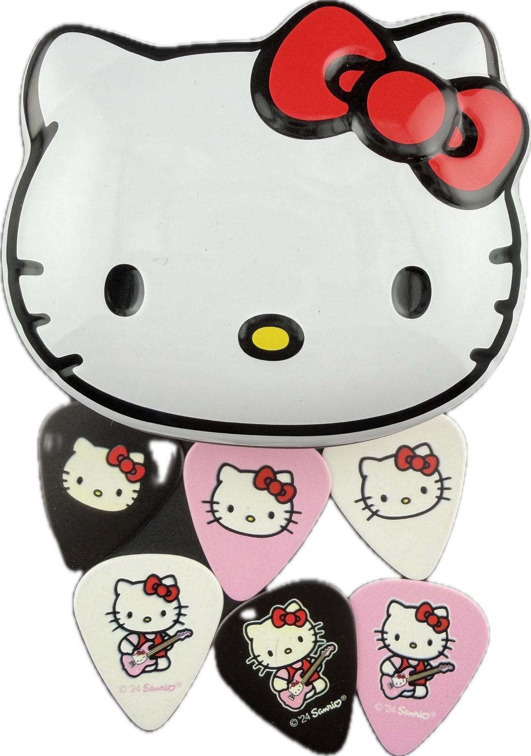 Fender Hello Kitty tin with six black pink and white Hello Kitty guitar pick fronts detail 2