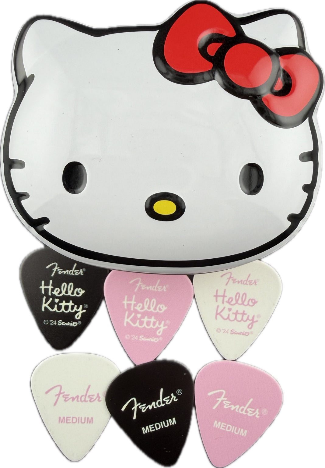 Fender Hello Kitty tin with six guitar pick reverses displaying Fender and Hello Kitty logos detail 3