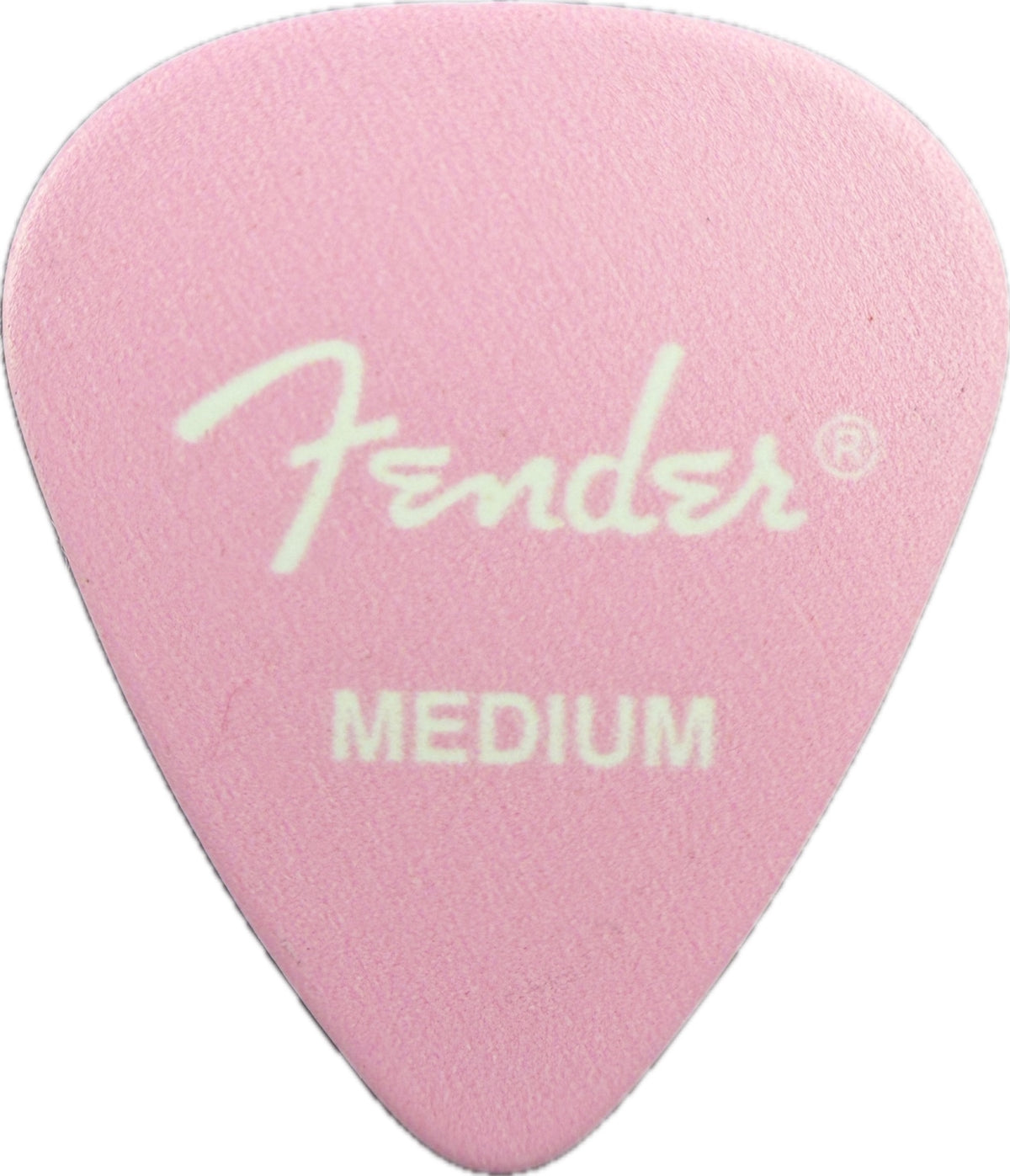 Pink Fender Hello Kitty guitar pick reverse with white Fender logo and MEDIUM reverse