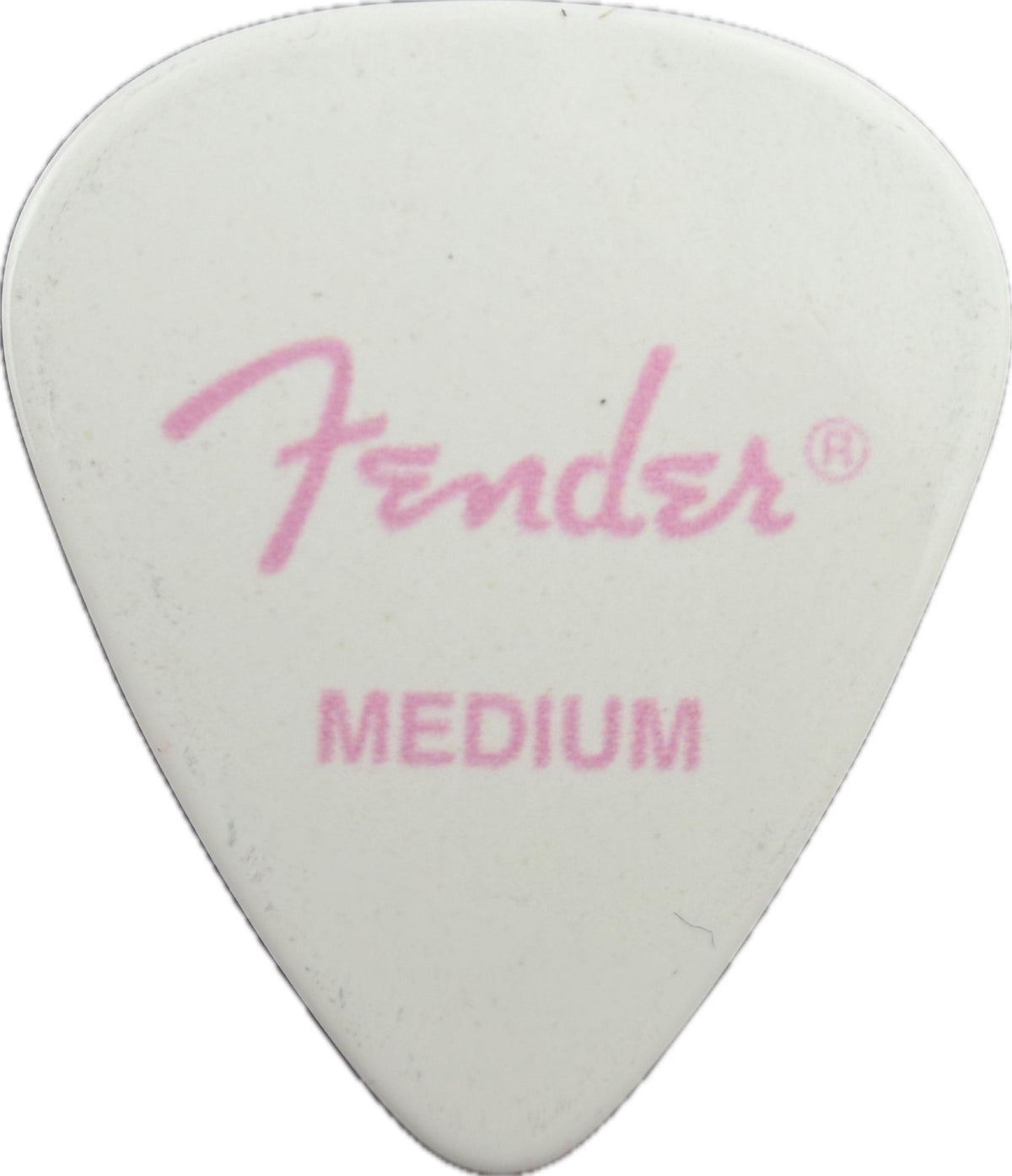 White Fender Hello Kitty guitar pick reverse with pink Fender logo and MEDIUM reverse