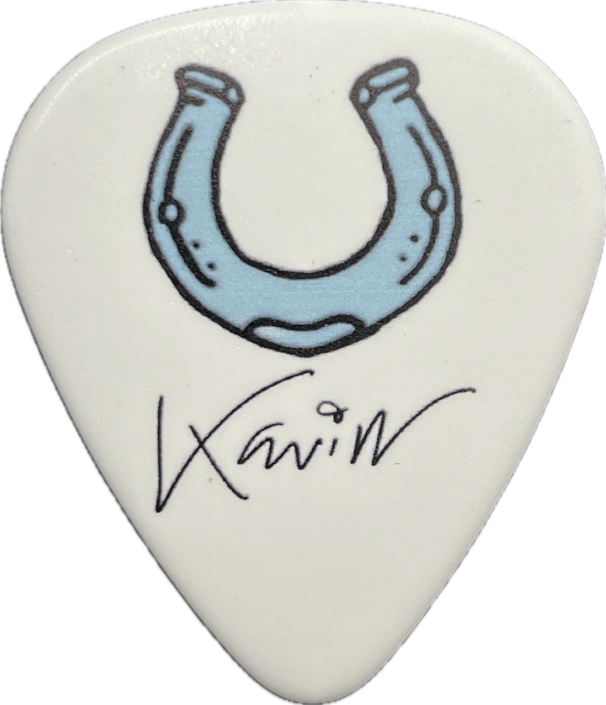Reverse of Kevin Baldes Lit guitar pick with horseshoe graphic and signature reverse