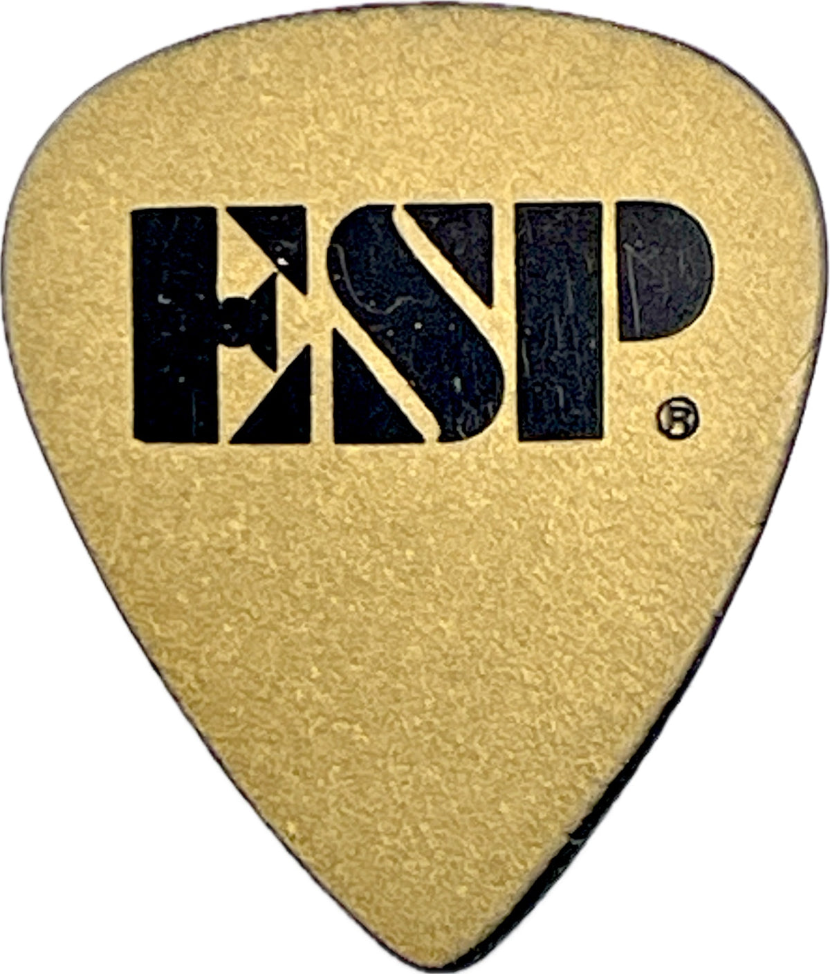 Reverse of matte gold Kirk Hammett Metallica guitar pick with black ESP logo reverse