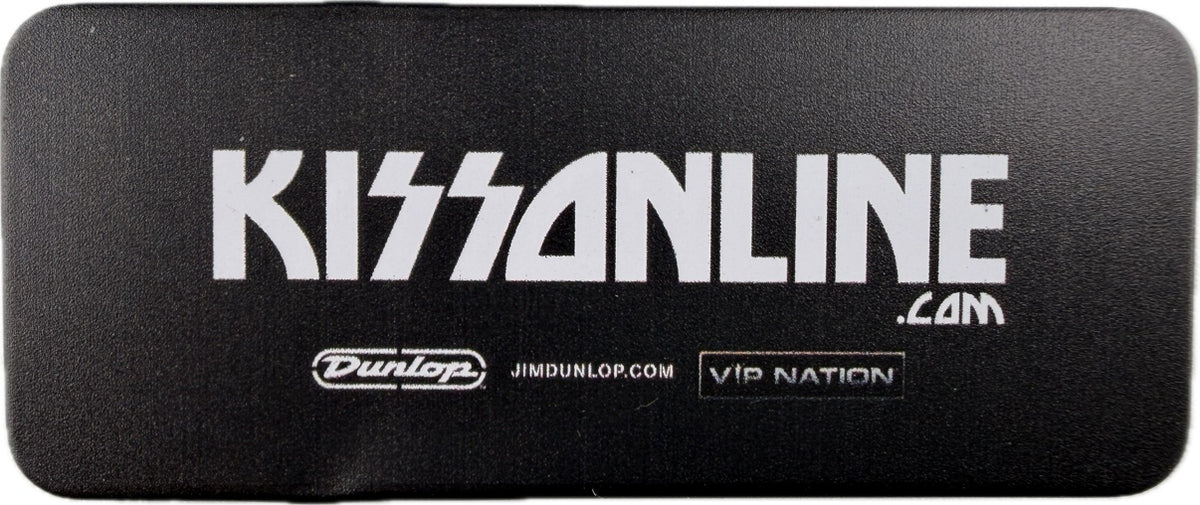Bottom of the black KISS guitar pick tin with white KISSONLINE.COM lettering and Dunlop and VIP Nation logos detail 1