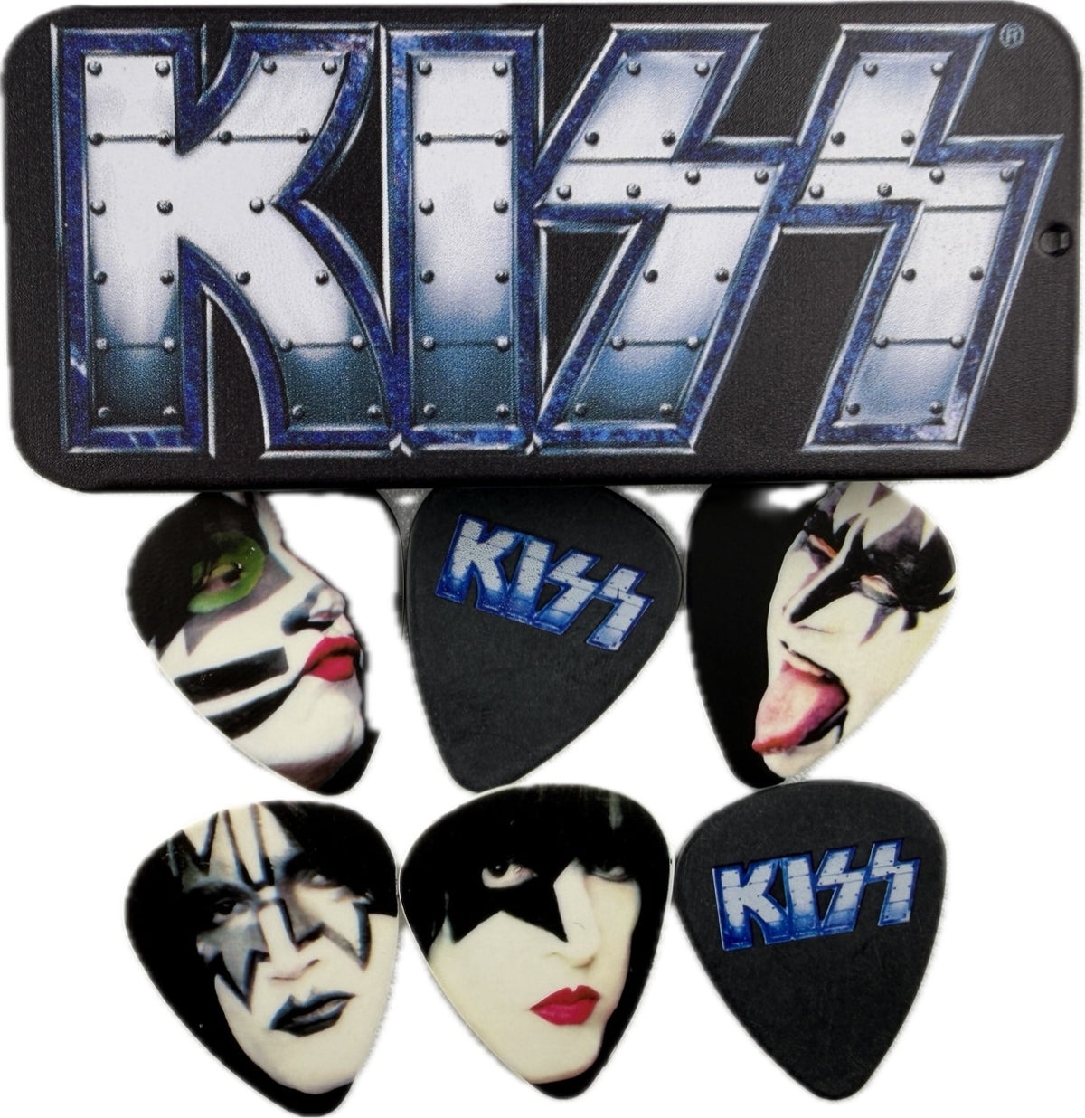 KISS THE TOUR 2012 V.I.P. tin with its six picks face up: Gene Simmons, Eric Singer, Tommy Thayer and Paul Stanley portraits plus two blue KISS logo picks detail 2