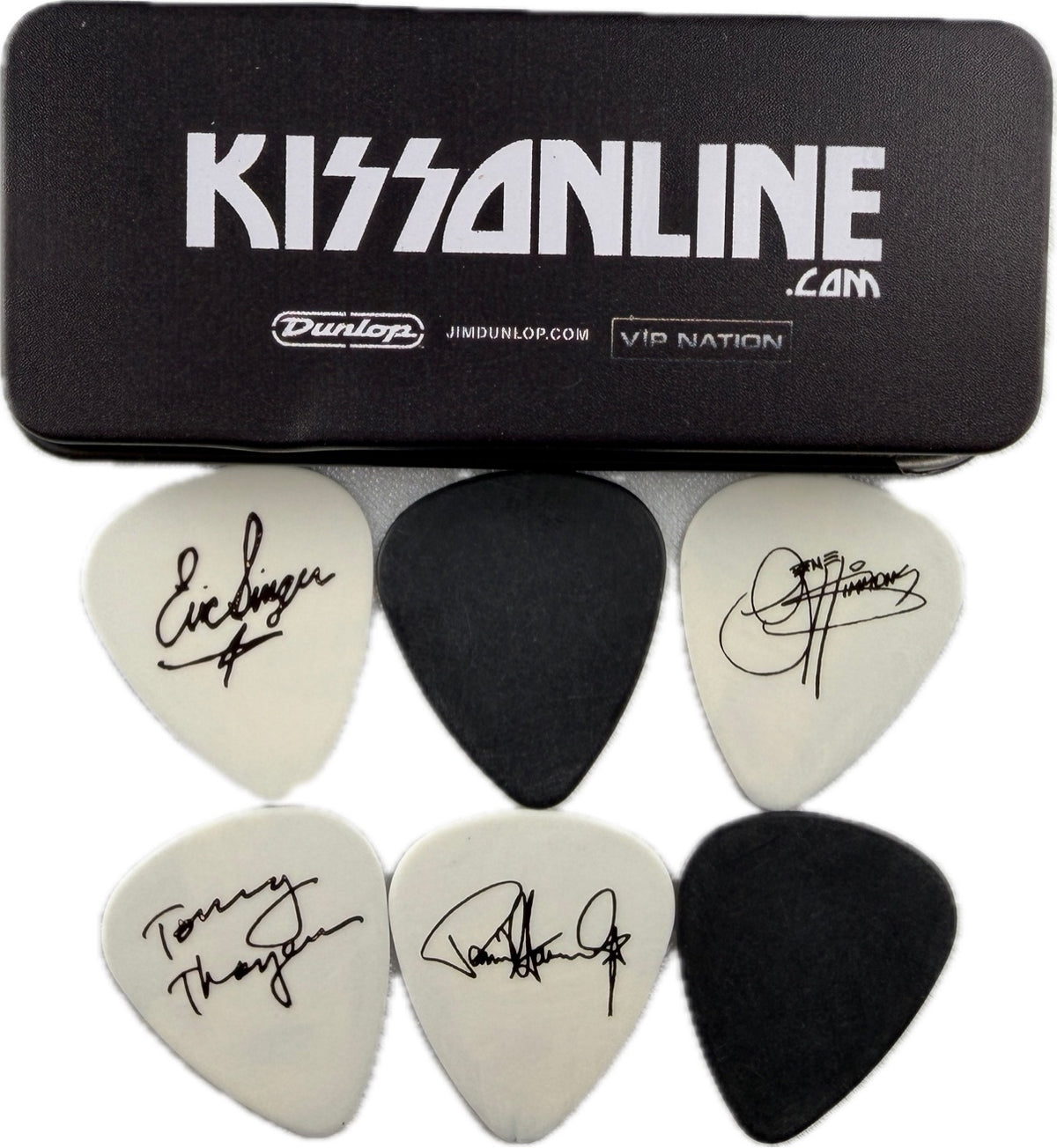KISS THE TOUR 2012 V.I.P. tin with its six pick reverses: four printed member signatures and two plain black backs detail 3