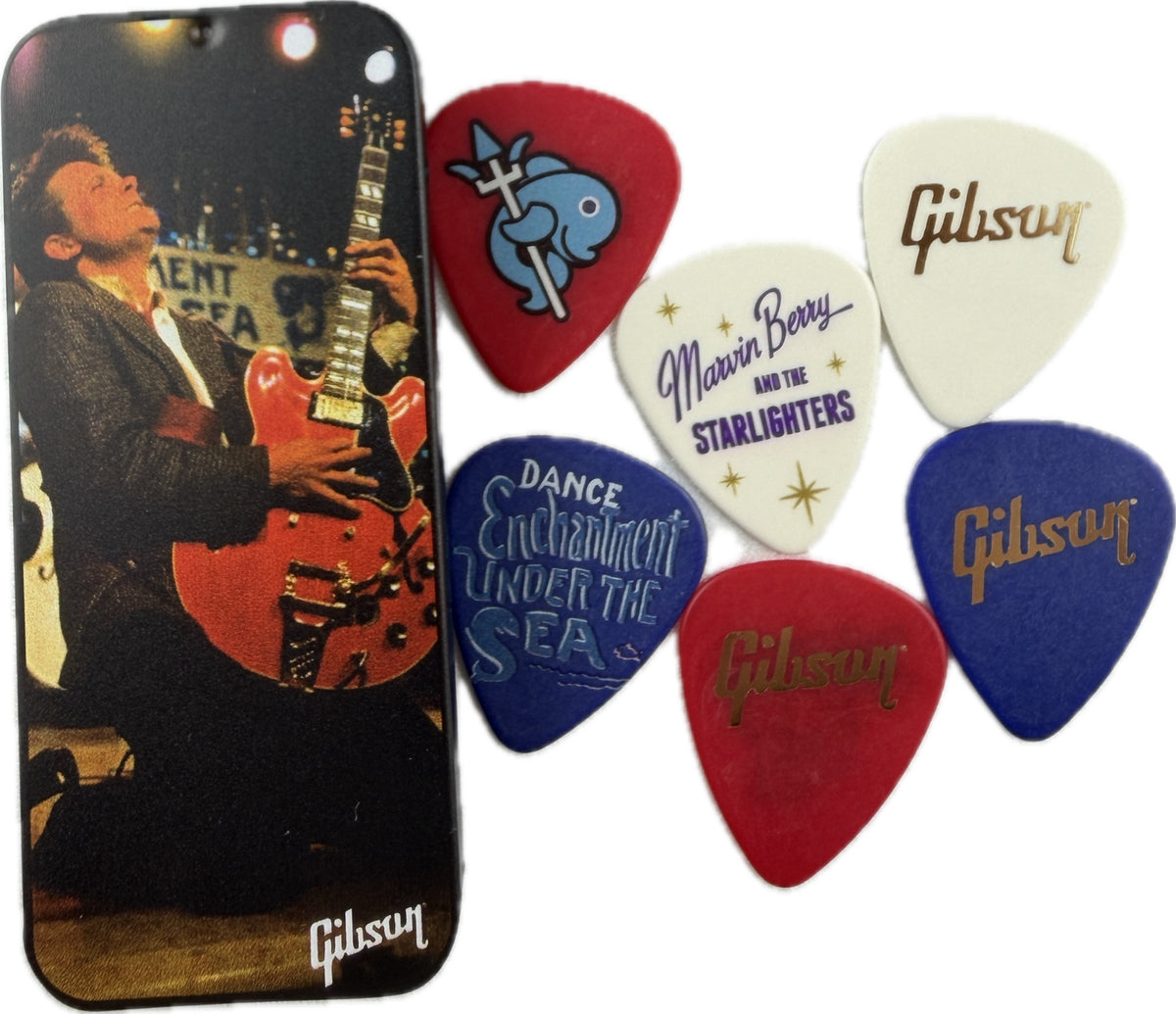 Marty McFly Gibson Back to the Future tin and six guitar picks, front designs detail 2