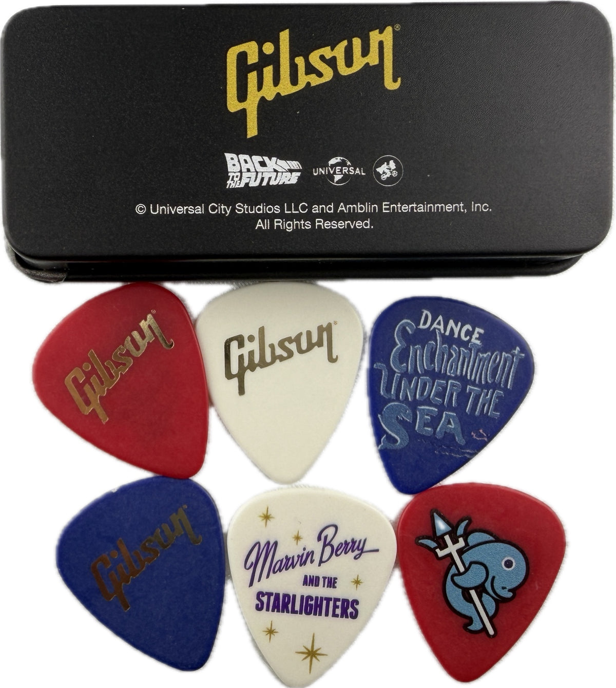 Marty McFly Gibson Back to the Future tin and six guitar picks, reverse designs detail 3